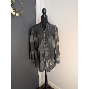 Coldwater Creek Sheer Black & Gray Floral Crinkled Button-Up Shirt‎ - PM (10-12)